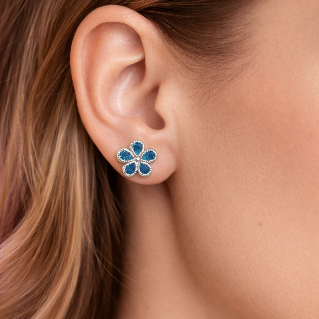 Broqueles Flor Azul en Plata .925