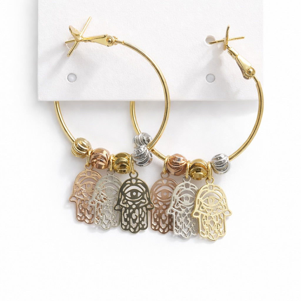 Arracadas de Oro Laminado con Dijes de Mano de Fatima en Tricolor