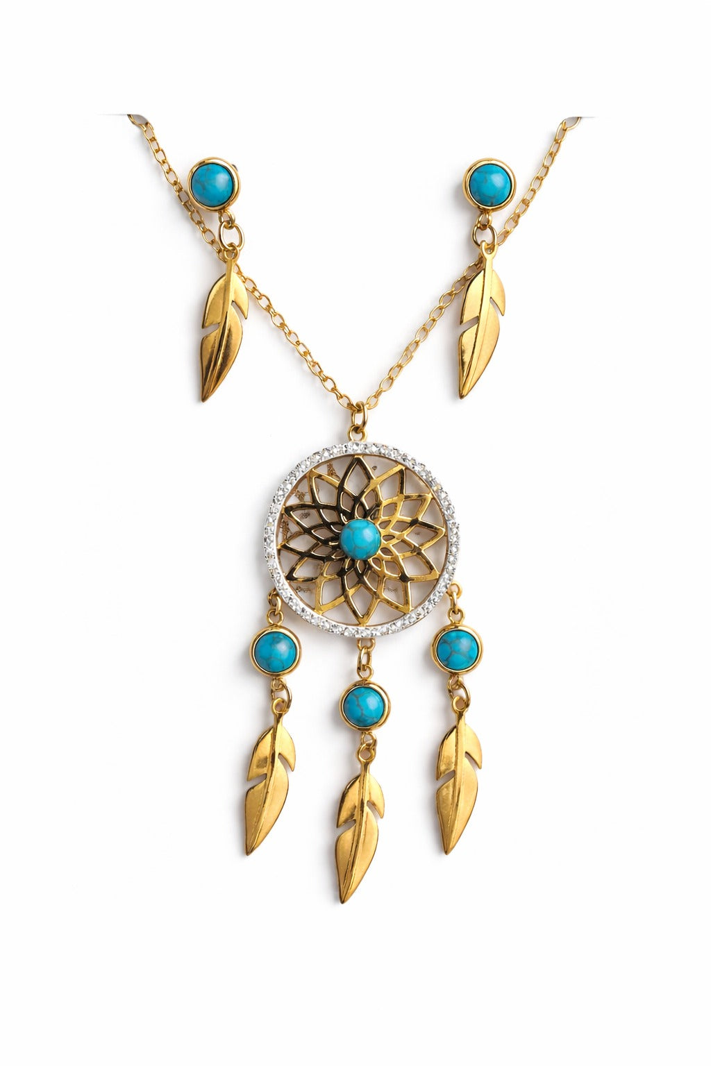 Set de Collar y Aretes Atrapasueños en Oro Laminado 18K con Turquesas y Cristales